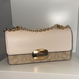 Coach Cream and Tan Shoulder Bag with Gold Chain